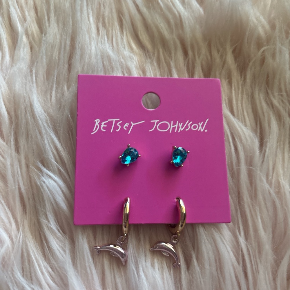 Betsey Johnson Teal Crystal Studs with Gold Dolphin Hoop Earrings